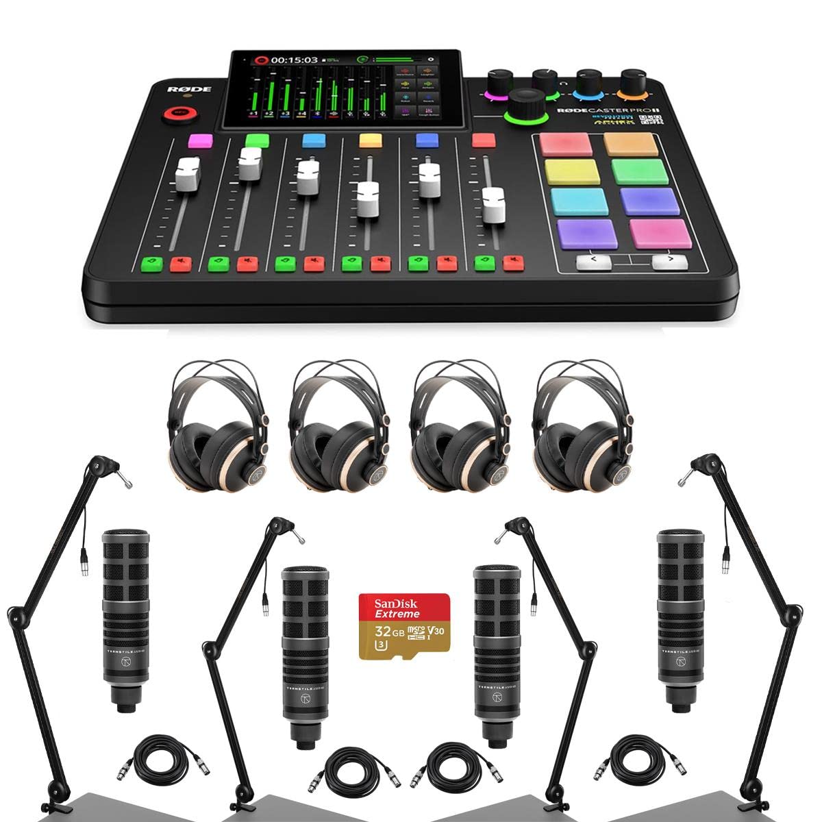 Rode RODECaster Pro II Integrated Audio Production Studio Console Bundle with 4x Turnstile Audio Dynamic Broadcast Microphone, 4x Headphones, 4x Broadcast Arm, 4x XLR M to F Cable, 32GB Memory Card