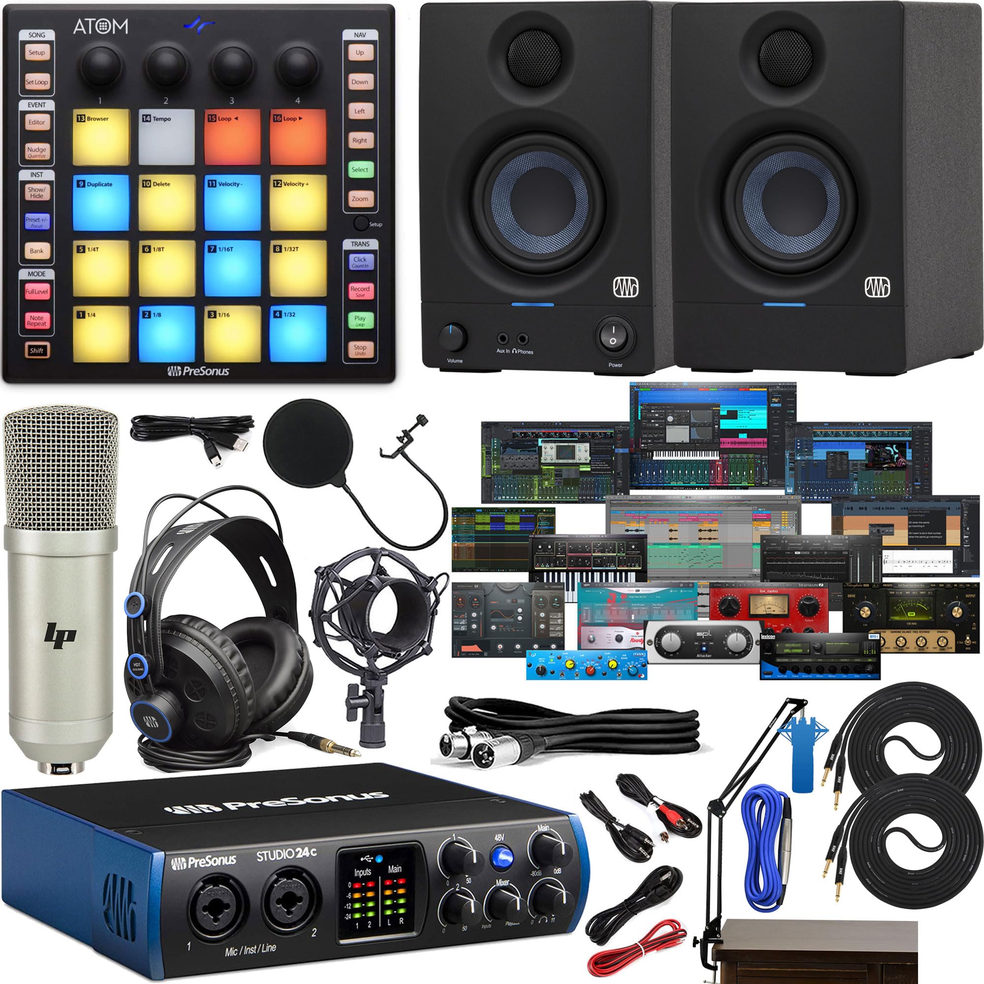 PreSonus Studio 24c 2x2 Audio/MIDI Interface with New Designed Eris 3.5 Studio Monitors and Newest Version Software Pack, ATOM MIDI Pad Controller and Adjustable Suspension Boom Arm + HD7 Headphones